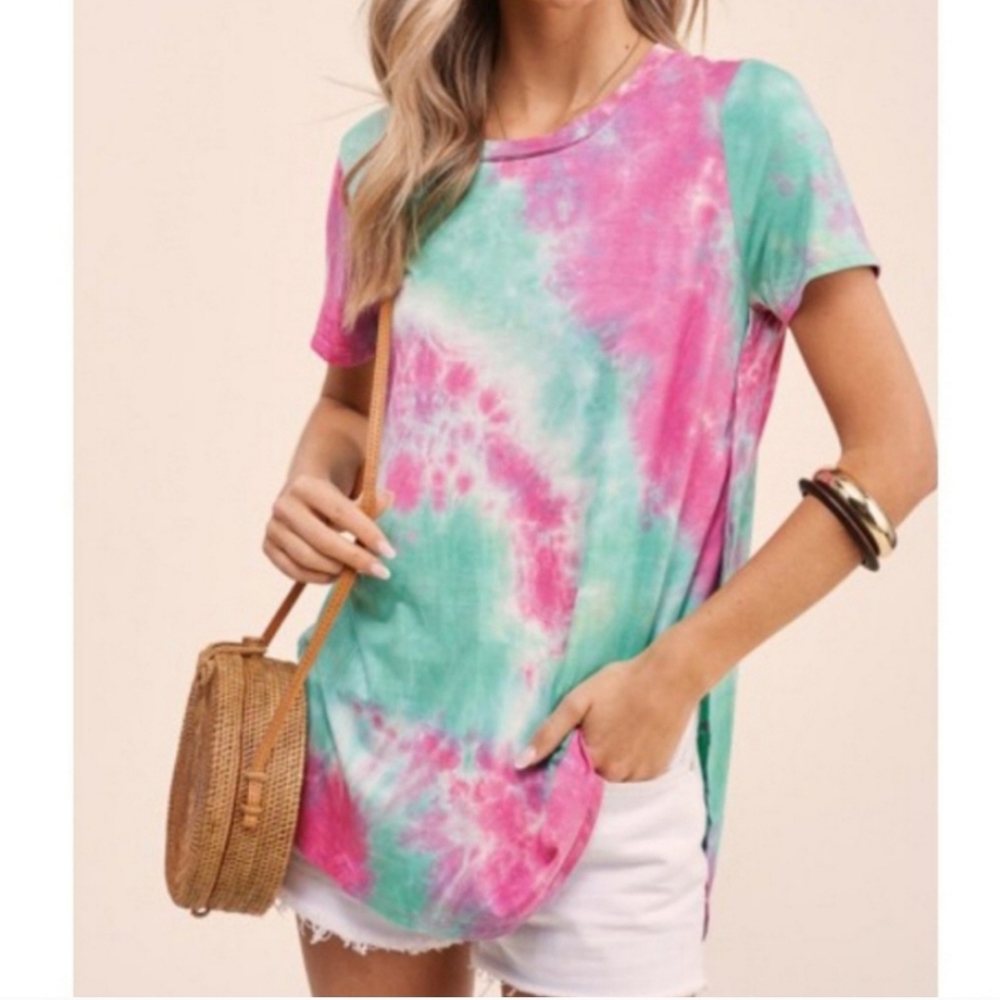 Green and pink tie-dye short sleeve top - Picture 1 of 11